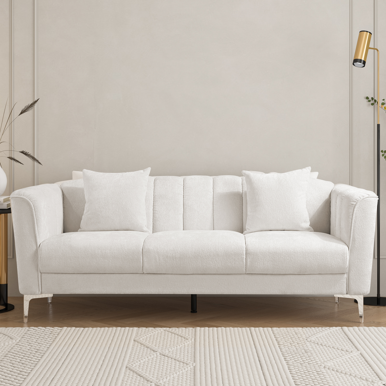 Homfa White Sofa and Couch, 77.2" Modern Chenille Couch with Armrests, Wood Sofa with Pocket and Stainless Steel Legs - image 1 of 11