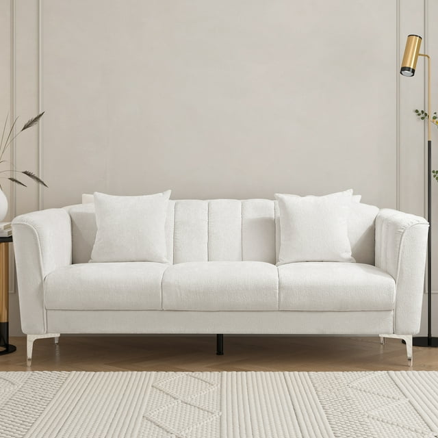 Homfa White Sofa and Couch, 77.2" Modern Chenille Couch with Armrests, Wood Sofa with Pocket and Stainless Steel Legs