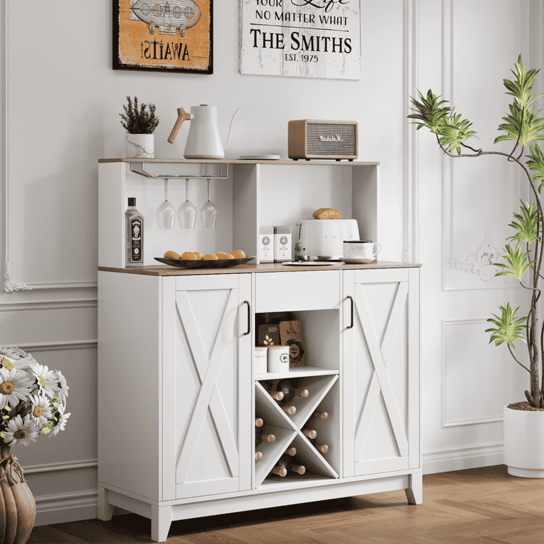 Homfa Kitchen Storage Cabinet, Farmhouse Wine Bar with Hutch