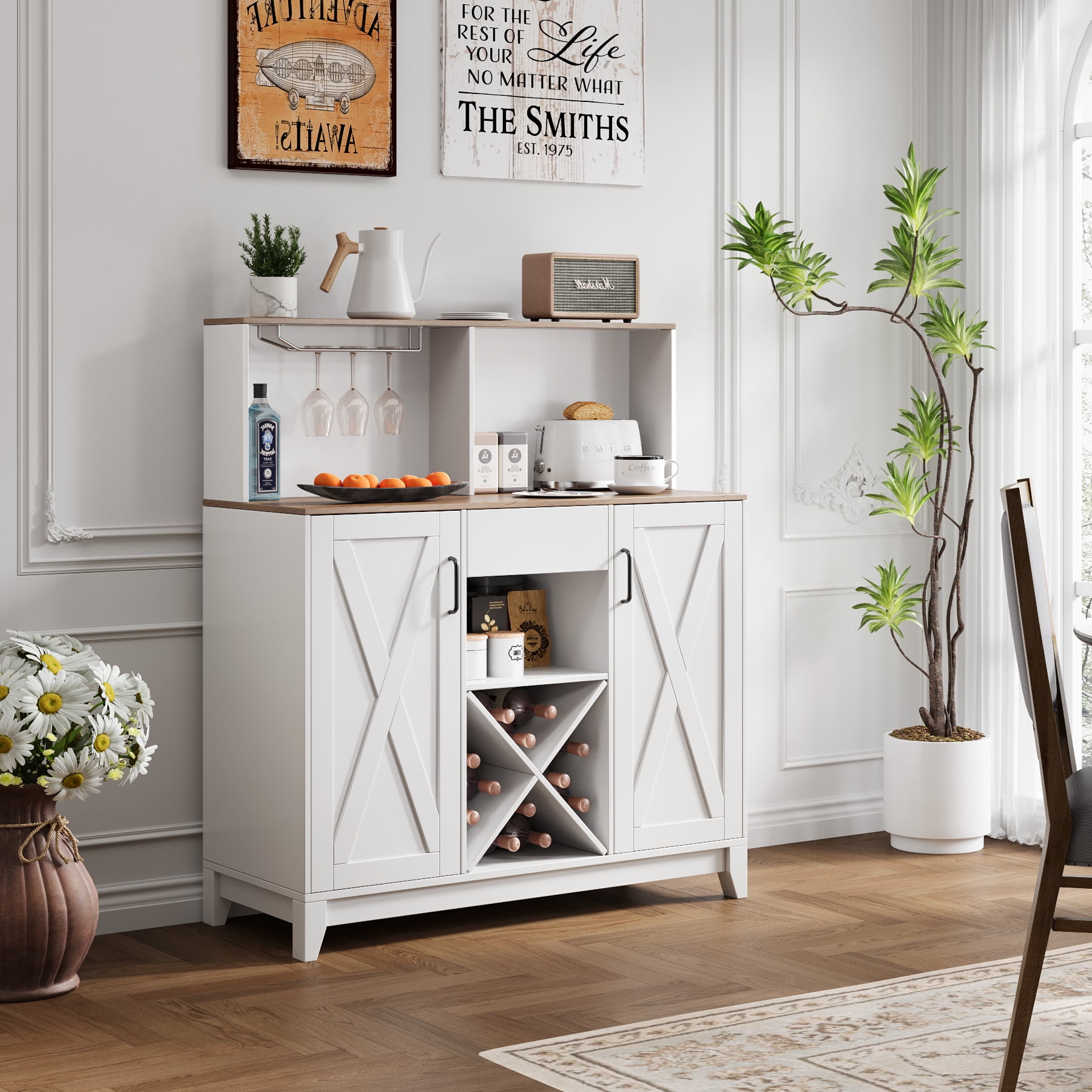 Homfa Wine Bar Cabinet with Hutch Farmhouse Storage Cabinet with Wine Rack Buffet Sideboard for Dining Room White