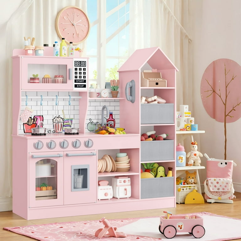 Homfa Kids Play Kitchen with Toy Storage, Drawer Wooden Pretend