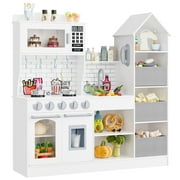 Homfa Kids Play Kitchen with Toy Storage, 3 Drawer Wooden Pretend Play Toy Set w/Realistic Design, Telephone, Utensils, Oven, Microwave, Sink - White