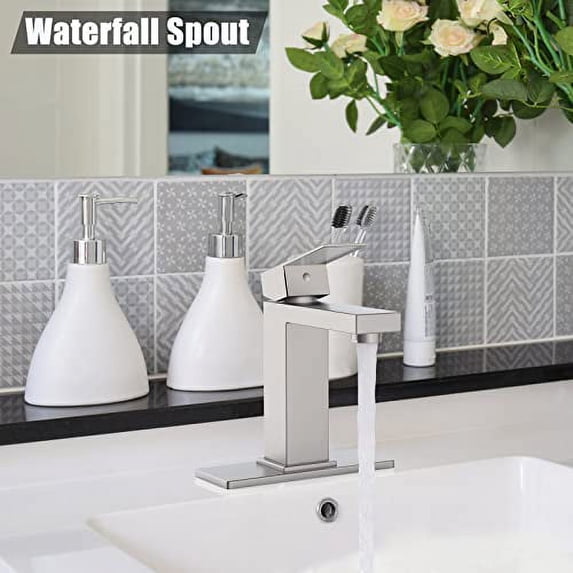 Homfan Matte Black Bathroom Sink Faucet for 1 or 3 Hole with Pop Up Drain Stopper & Water Supply Hoses NoModern Single Handle Bathroom Faucet (Deck Plate Included)