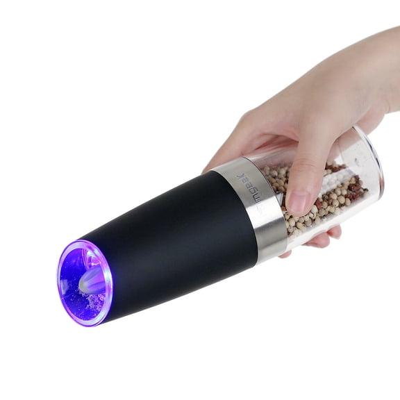 Homgeek Automatic Gravity Pepper Grinder, Electric Salt Mill with Blue LED Light, Adjustable Coarseness Ceramic Rotor, Battery Operated Stainless Steel Seasoning Gadget for Kitchen Dining, Black