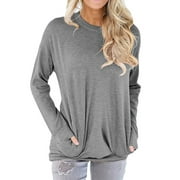 Homgood Women's Solid Color Front Pocket Long Sleeve Autumn Casual Top - Gray - L