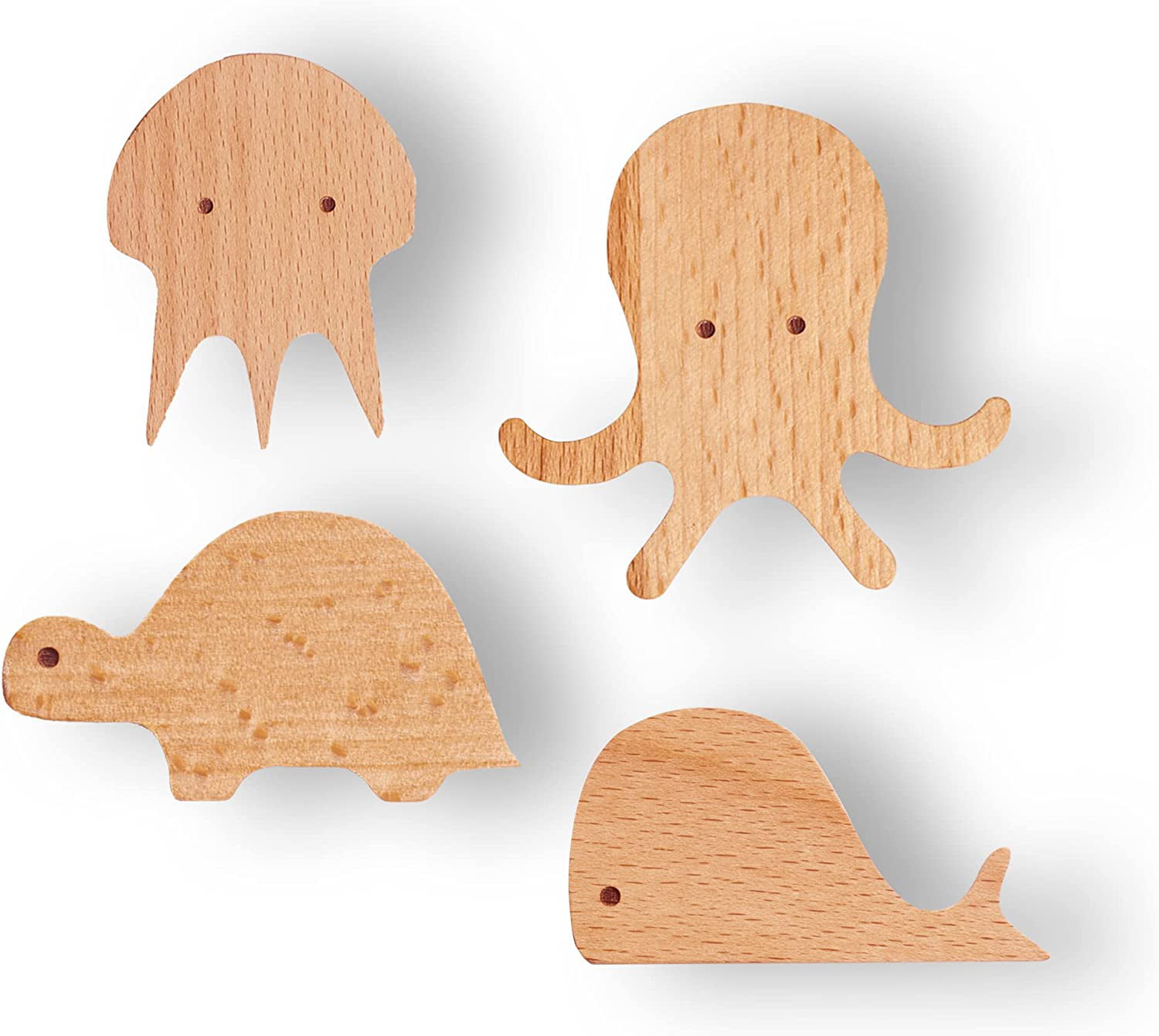 Homgreen Natural Cute Sea Aquatic Animal Wood Hooks Set of 4,Wall Mounted,Decorative  Childs Hanging Coat, Wood non-marking adhesive hook for coat and cap, (Two  types of installation) 