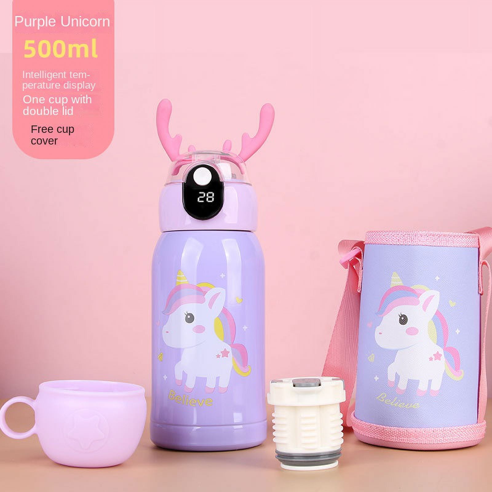 Homgreen Cute children's thermos cup vacuum flask cartoon straps Student cup  straw stainless steel water cup Water Bottle, Vacuum Insulated 2-Way  Bottle, 2.2 gal (0.6 L) 