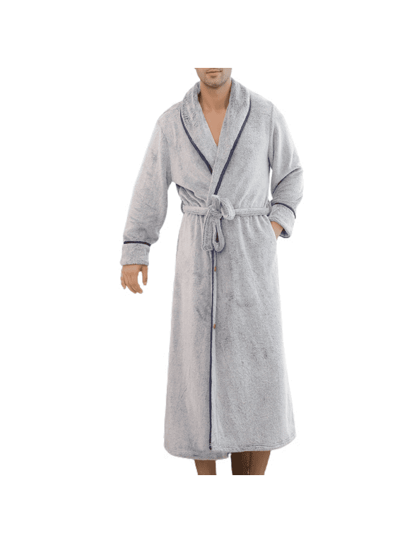 Homgro Men's Plush Bathrobe Soft Button Up Long Housecoat Fuzzy Fleece Fluffy Winter Full Length Loungewear Warm Shawl Collar Loose Long Sleeve Duster Robe with Pocket Navy Medium