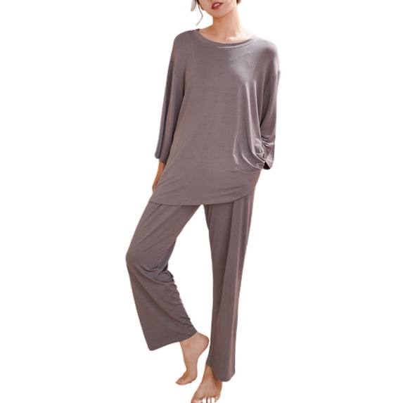 Defitshape Women's 2 Piece Pajama Set Long Sleeve Tops and Pants Cozy Pajamas Fall Soft Spring Ankle Length Pjs Grey Medium