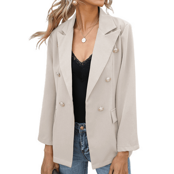 Defitshape Women's Double Breasted Slim Fit Blazer Jacket Business Casual Suit Jacket Fall Dressy Peak Lapel Long Sleeve Top Apricot 10