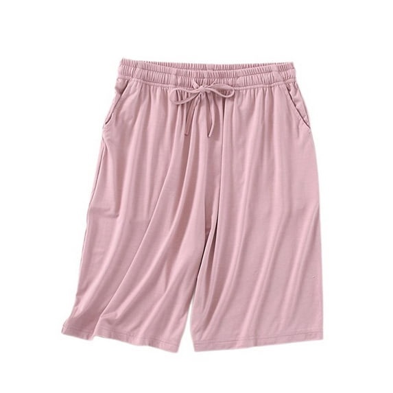 Defitshape Women's Casual Pajama Shorts Billowy Nightwear Autumn Cigarette Casual Drawstring Elastic Band Loungewear Pink Medium