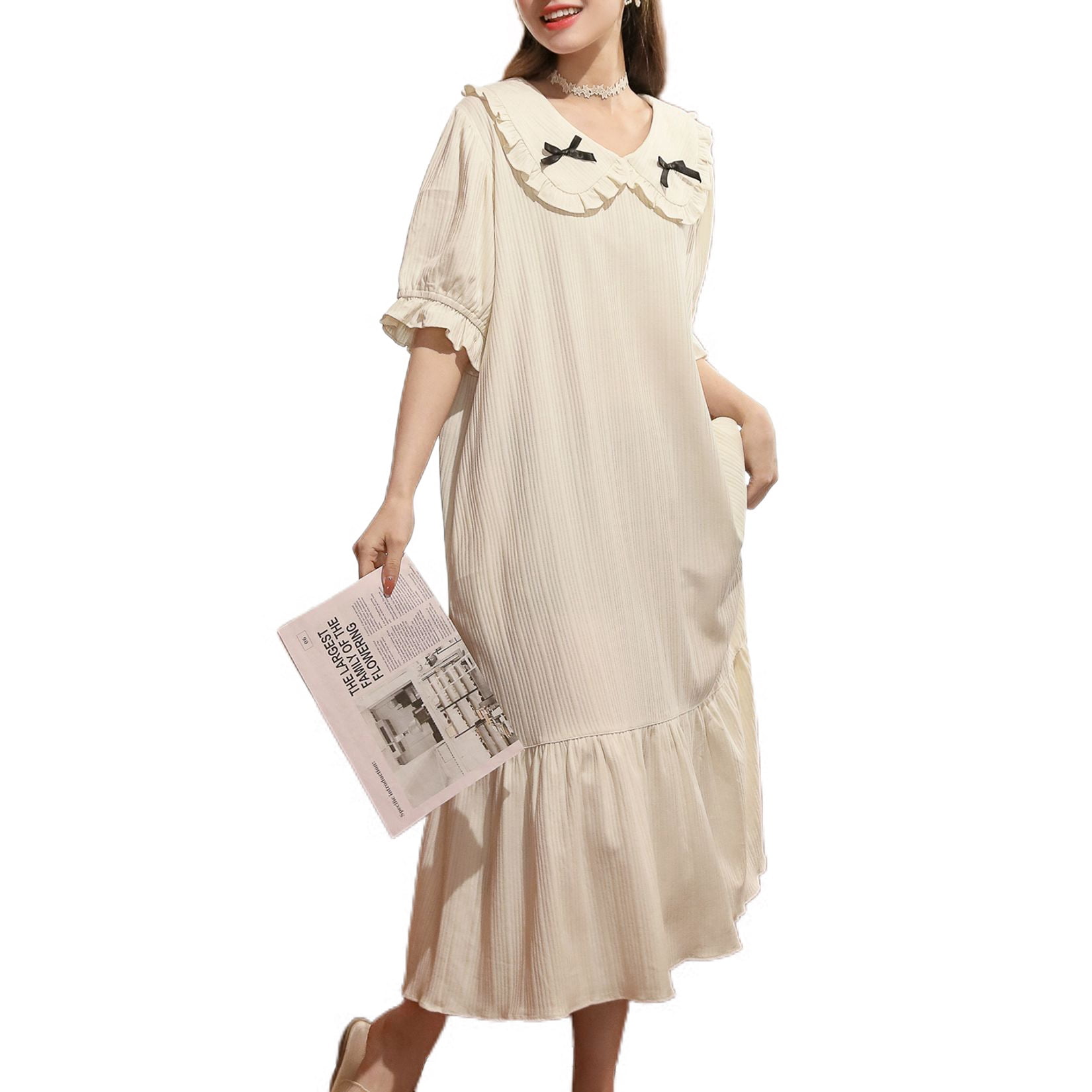 Defitshape Women's Cotton Long Nightgown Summer Cute Textured Pajama ...