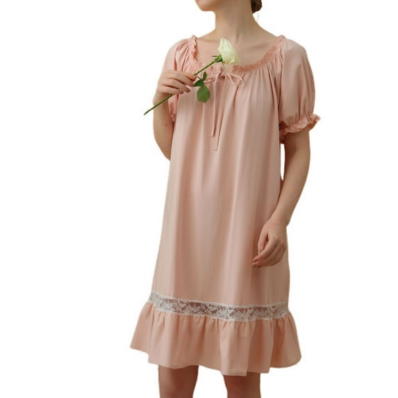 Homgro Women's Cotton Pajama Dress Cute Summer Short Sleeve Ruffle Sleepwear Frilly Pjs Vintage Comfy Lace Sleeping Nightshirt Pink Small