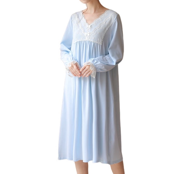 Defitshape Women's Cotton Pajama Dress Ladies Long Sleeve Victorian Nightgown Soft Vintage V Neck Frill Sleep Shirt Lace Patchwork Sleepwear Knee Length Midi Lounge Sleeping Nighty Blue Large