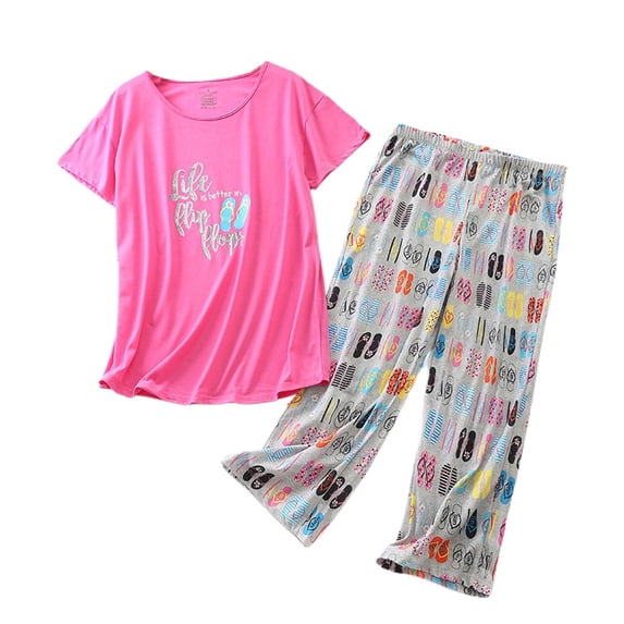 Homgro Women's Cute Capri Pajama Set Cotton Blend Cartton Pajamas Plus Size Comfy Short Sleeve Lightweight Pjs Patterned18 Medium