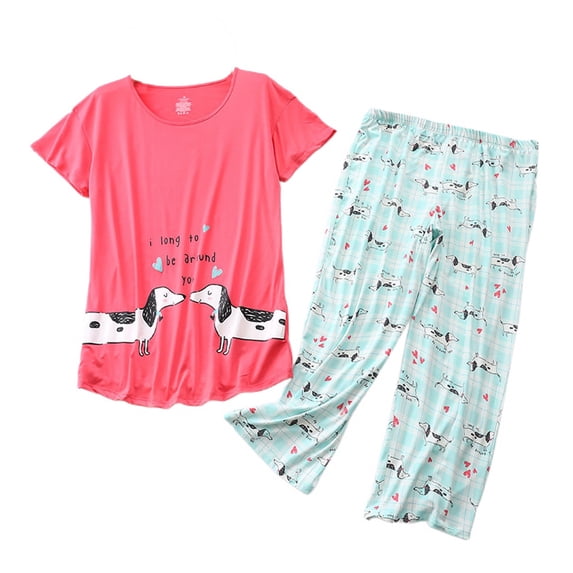 Homgro Women's Cute Capri Pajama Set Cotton Blend Cartton Pajamas Plus Size Comfy Short Sleeve Lightweight Pjs Patterned20 Large