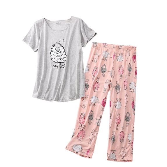 Homgro Women's Cute Capri Pajama Set Cotton Blend Cartton Pajamas Plus Size Comfy Short Sleeve Lightweight Pjs Patterned4 XX-Large