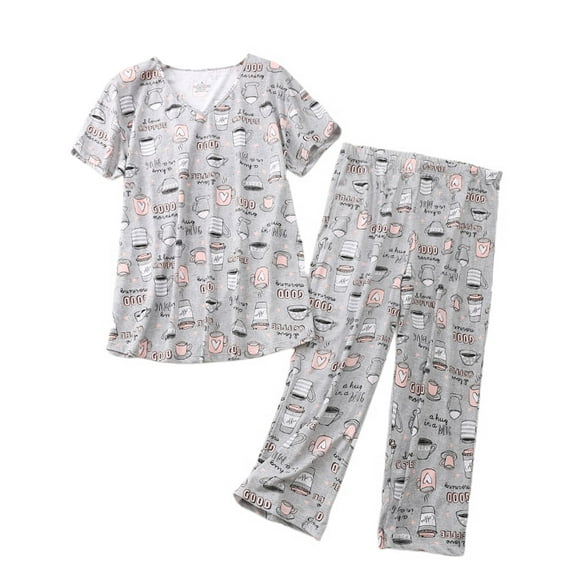 Defitshape Women's Cartton Pajamas Plus Size Cute Capri Pajama Set Cotton Blend Comfy Short Sleeve Lightweight Pjs Patterned6 X-Large