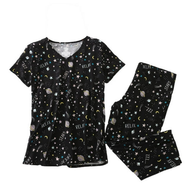Homgro Women's Cute Capri Pajama Set Cotton Blend Cartton Pajamas Plus Size Comfy Short Sleeve Lightweight Pjs Patterned8 Medium