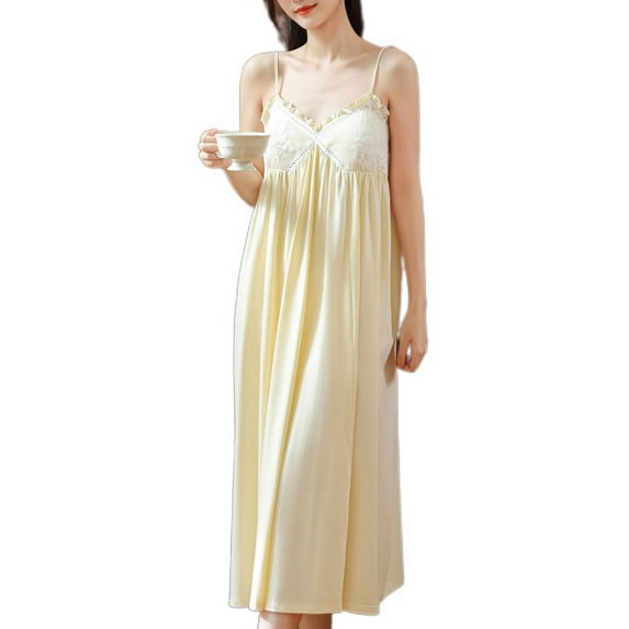 Defitshape Women's Cute Cotton Nightgown Long Pjs Soft Comfy V Neck Sleeveless Sleep Shirt Vintage Summer Billowy Chemise Embroidered Lace Built In Bra Pajama Dress Sleepwear Apricot X-Large