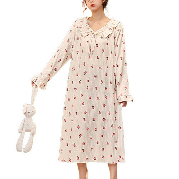 Defitshape Women's Cute Long Sleeve Nightgown Padded Midi Sleep Dress Ruffle Nighty Cotton Sleepwear Beige 14