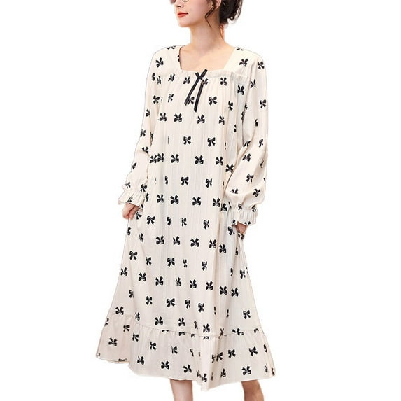 Defitshape Women's Cute Long Sleeve Nightgown Padded Midi Sleep Dress Ruffle Nighty Cotton Sleepwear Beige 14