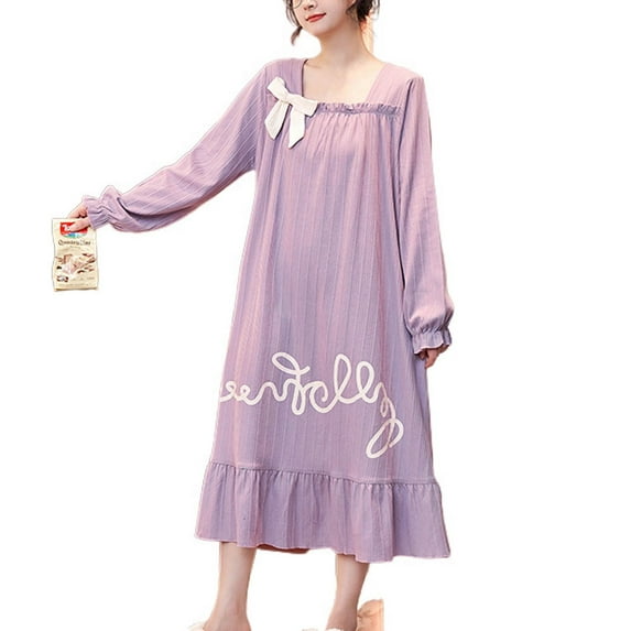 Defitshape Women's Cute Long Sleeve Nightgown Padded Midi Sleep Dress Ruffle Nighty Cotton Sleepwear Purple 8-10