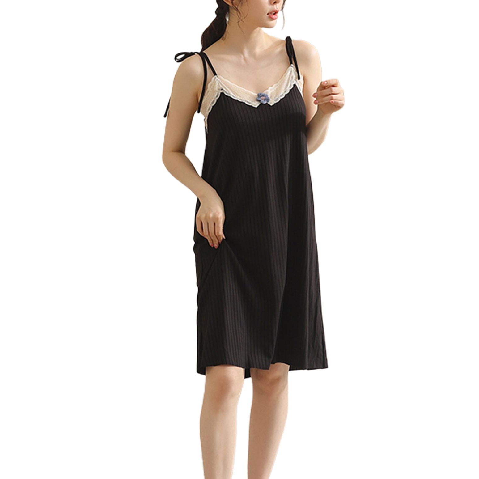 Defitshape Women s Cute Nightgown Ribbed Knit V Neck Summer Long Sleep Dress Sexy Lace Comfy Chemise Soft Cool Sleeveless Sleepwear Black 4 6 Walmart