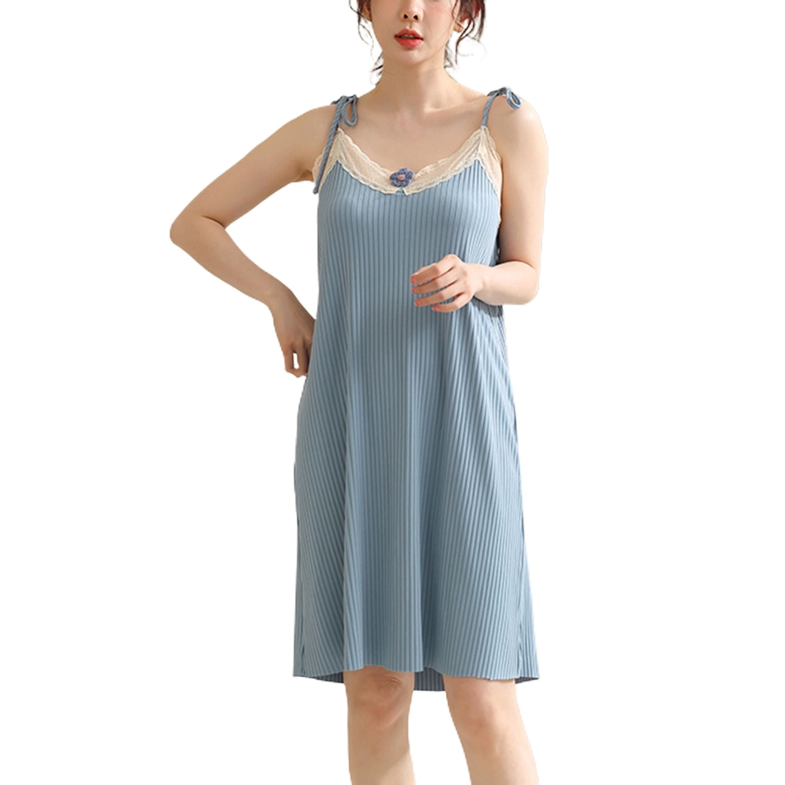 Thin Pink Blue Laced Ruffled Deep V Neck Sleepwear