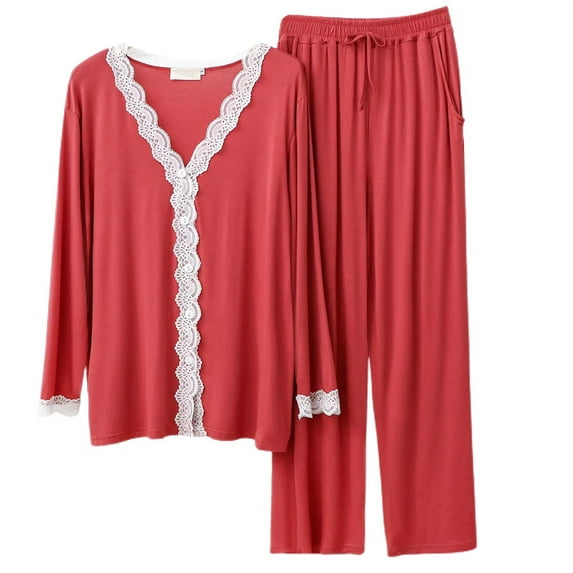 Defitshape Women's Cute Pajama Set Soft Lace Long Sleeve Button Down Shirt Capri Pants Set Lightweight 2 Piece V Neck Pjs Sleepwear Pockets Vermillion Large-X-Large