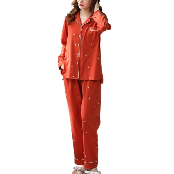 Defitshape Women's Cute Pajamas Cotton Pajama Set Long Sleeve Winter V Neck Fall Pjs Red X-Small