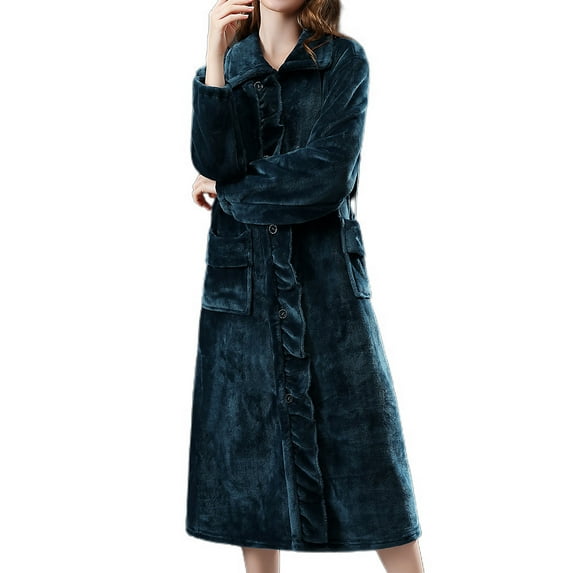 Homgro Women's Fleece Fuzzy Robe Thick Winter Warm Bathrobe Long Sleeve House Coat Housecoat Button Down Sherpa Mid-length Green Medium-Large