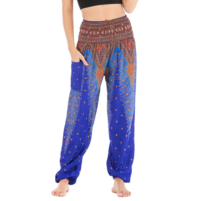 Defitshape Women s Harem Boho Pants Yoga Hippie Jogger Genie Pants with Pocket Smocked Waist Cool Summer Beach Trousers Bohemian Parachute Elastic Waist High Waisted Patterned10 One Size Walmart