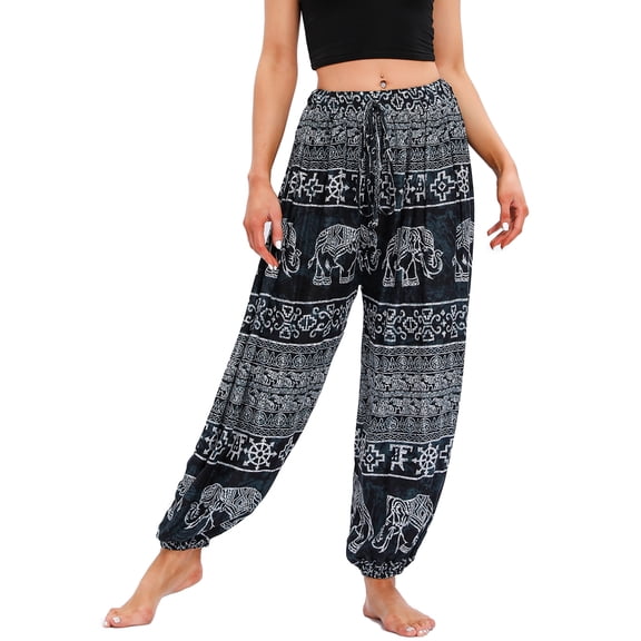 Homgro Women's Harem Pants Yoga Hippie Boho Jogger Elephant Printed Genie Pants Cool Summer Elastic Waist Beach Trousers Parachute Bohemian Drawstring Patterned2 One Size