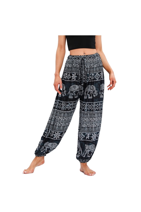 Homgro Women's Harem Pants Yoga Hippie Boho Jogger Elephant Printed Genie Pants Cool Summer Elastic Waist Beach Trousers Parachute Bohemian Drawstring Patterned2 One Size