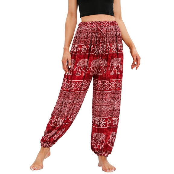 Homgro Women's Harem Pants Yoga Hippie Boho Jogger Elephant Printed Genie Pants Cool Summer Elastic Waist Beach Trousers Parachute Bohemian Drawstring Patterned1 One Size