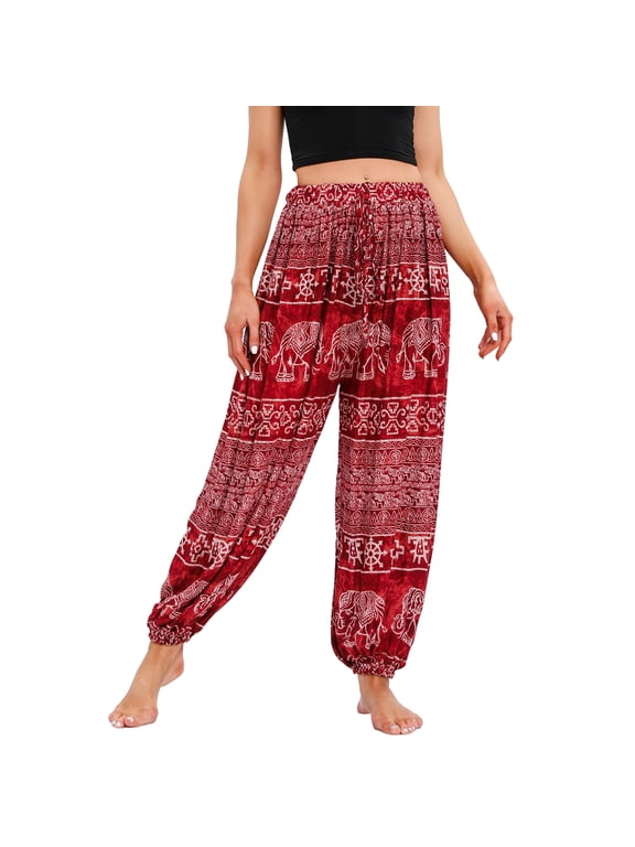 Homgro Women's Harem Pants Yoga Hippie Boho Jogger Elephant Printed Genie Pants Cool Summer Elastic Waist Beach Trousers Parachute Bohemian Drawstring Patterned1 One Size