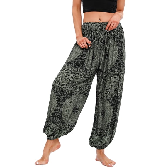 Defitshape Women's Harem Pants Yoga Hippie Boho Jogger Parachute Bohemian Genie Pants Cool Summer Beach Trousers Drawstring Elastic Waist Patterned1 One Size