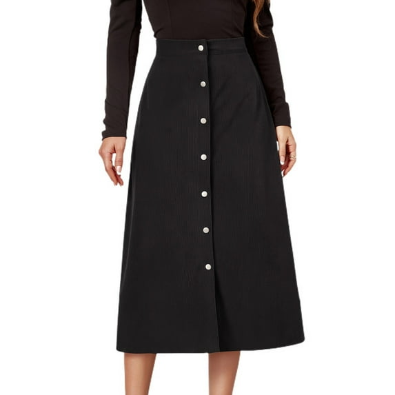 Homgro Women's High Waist Skirt Winter Fall Casual Corduroy Button Up A Line Knee Length Midi Skirts Black 6-8