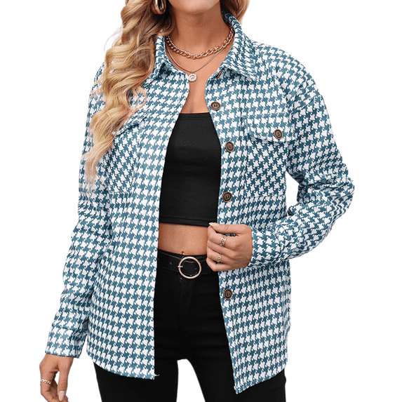 Defitshape Women's Houndstooth Plaid Long Sleeve Shirts Button Donw Shirt V Neck Loose Fit Blue 4