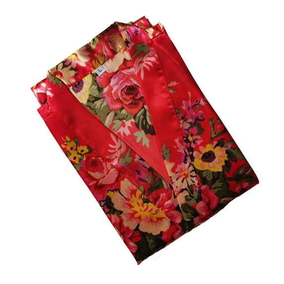 Homgro Women's Kimono Robe Floral Printed Satin Lightweight Bath Robes Half Sleeve Dressing Gown Belted Bathrobe Bridesmaid Bridal Tie Up Silk Mini Spa Robe Red Medium
