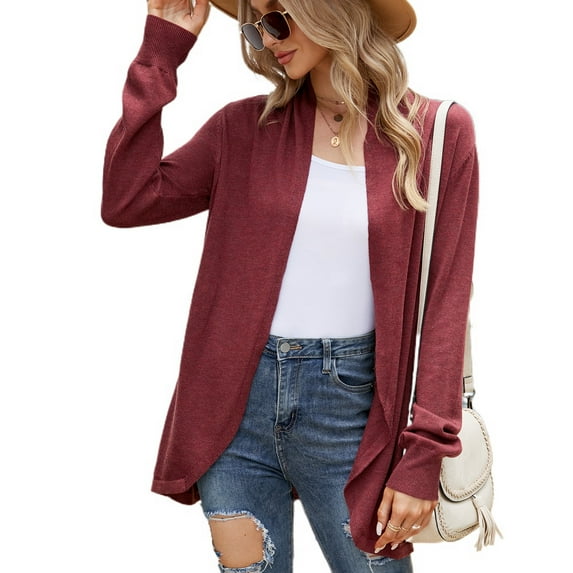 Defitshape Women's Long Cardigan Sweater Fall Top Soft Thermal Lightweight Knitted Thin Dressy Long Sleeve Open Front Duster Cardigan Burgundy X-Large