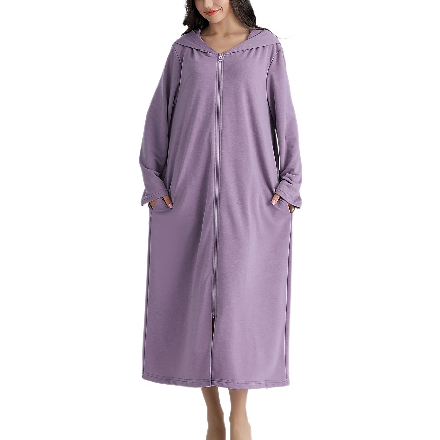 Homgro Women's Long Hooded Robe Zipper Front Soft Lightweight Long