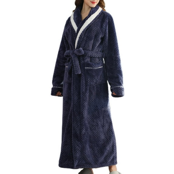 Homgro Women's Long Plush Robe Ladies Soft Quilted Fuzzy Fleece Bathrobe Winter Warm Belted Full Length Long Sleeve SPA Hotel Hot Tub Bath Fluffy Maxi Kimono Robes Pocket Navy Small-Medium