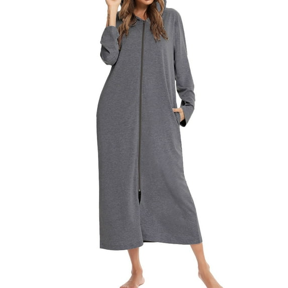 Homgro Women's Long Robe Zip Up Hoodie House Coat Pocket Long Sleeve Full Length Housecoat Soft Bathrobe Zipper Lighweight Dark Grey Medium
