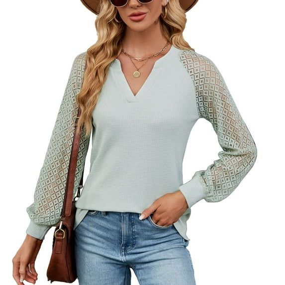 Defitshape Women's Long Sleeve Blouse Illusion Sheer Sleeve Shirt Fall Cotton Bishop Sleeve Fashion V-Neck Top Light Green Large