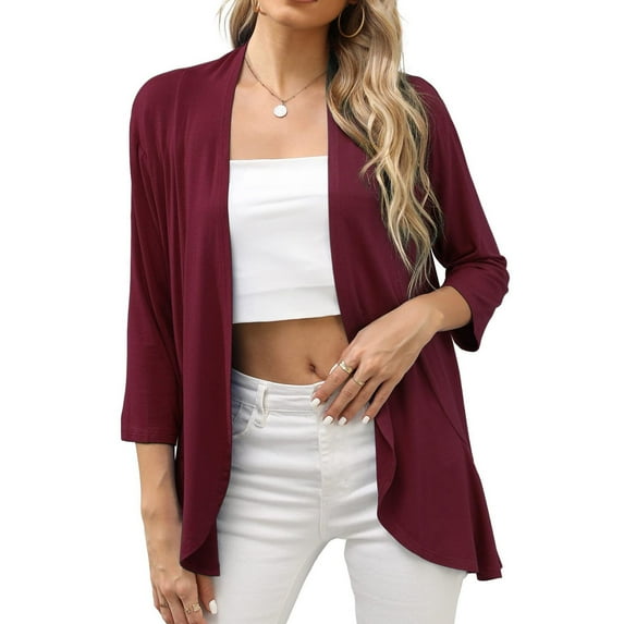 Defitshape Women's Long Sleeve Cardigan Shirt Fitted Top Fashion Casual Fall Soft Open Front Thin Regular Fit Burgundy Medium