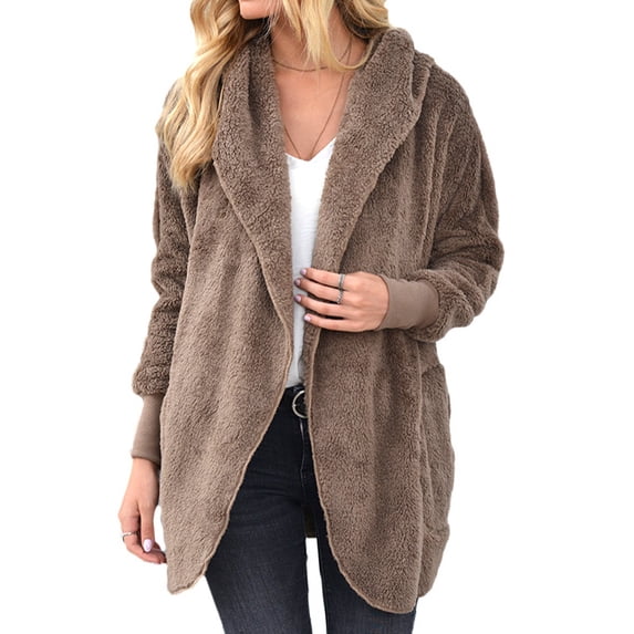 Defitshape Women's Long Sleeve Hooded Cardigan Plush Fuzzy Fleece Drape Open Front Hoodie Winter Thermal Warm Slouchy Baggy Jacket Outerwear Pockets Khaki 10