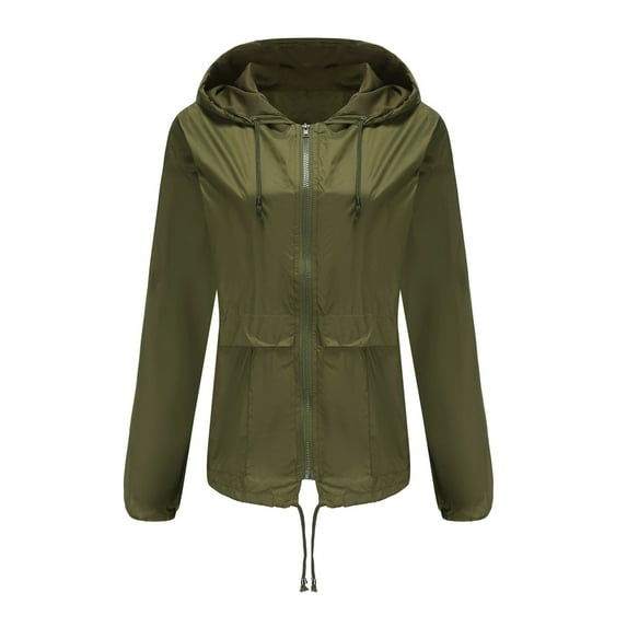Defitshape Women's Long Sleeve Jacket Hooded Rain Coat Snow Winter Zipper Spring Outdoor Waterproof Raincoat Anorak Army Green 12