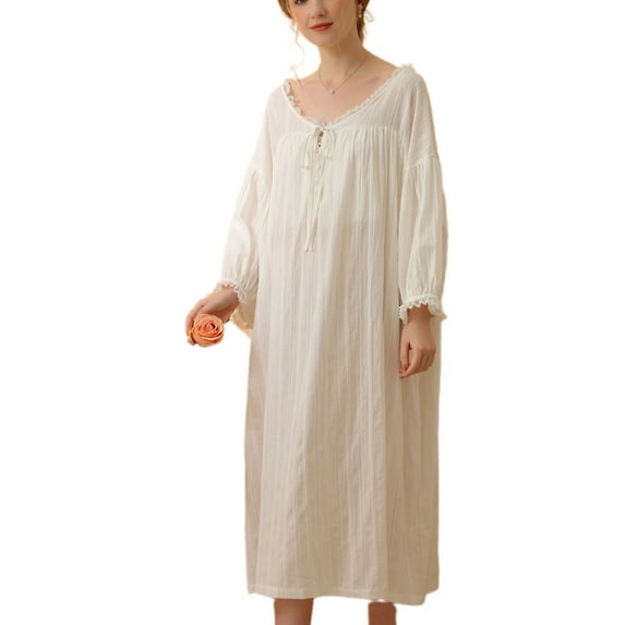 Defitshape Women's Long Sleeve Nightgown Cotton Pajamas Soft Holiday Long Vintage Family Comfy Cool Sleepwear White X-Large